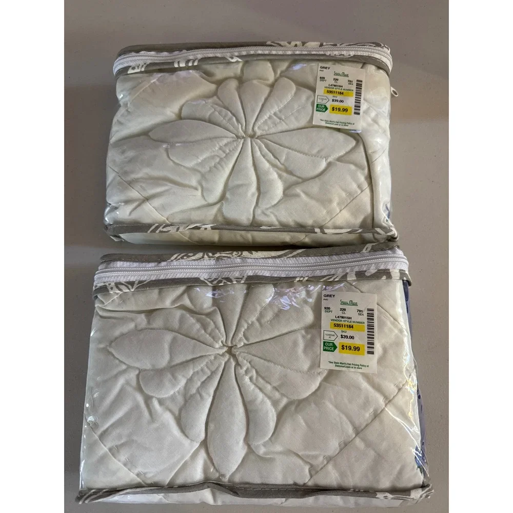Tanzie Luxury Standard Sham Set of 2 Grey White Floral Bird Quilted 20x26